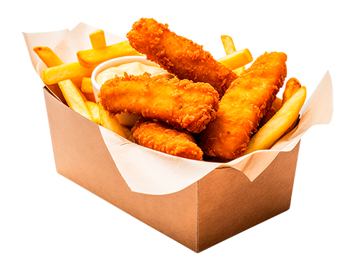 Chicken strips with fries included in the family fun center food menu at Mulligan's Temecula location.