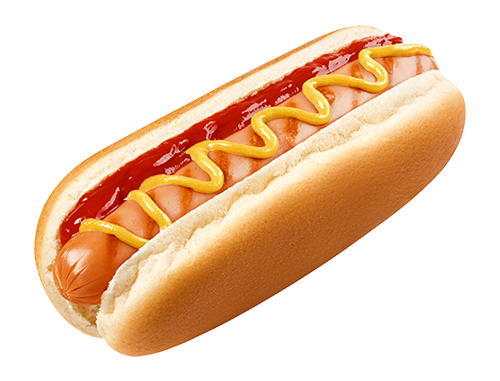 Classic hot dog with ketchup and mustard featured on the family fun center food menu at Mulligan Family Fun Center.