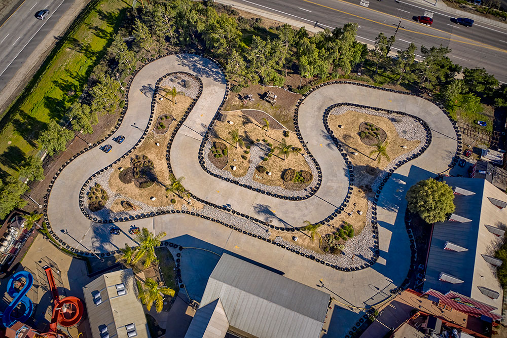 Aerial view of rookie go-kart track at Mulligan Family Fun Center in Temecula, CA