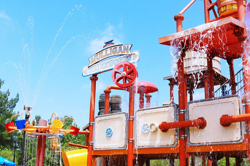 Colorful splash pad with water jets at Mulligan Family Fun Center in Murrieta CA