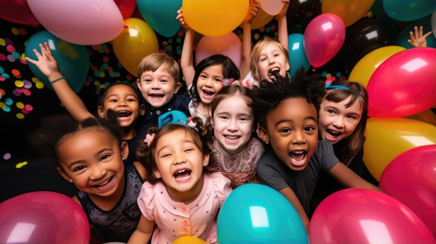 Cheerful children of different nationalities at a holiday, birthday party, balloons, friends, kids, congratulations, joyful emotions, diversity, playroom, kindergarten, toddler, gifts