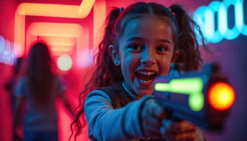 Girl with laser gun smiles during neon game in dark arena. Child plays competitive fun, aiming weapon. Kid enjoys thrilling adventure, bright lights, and active indoor recreation.