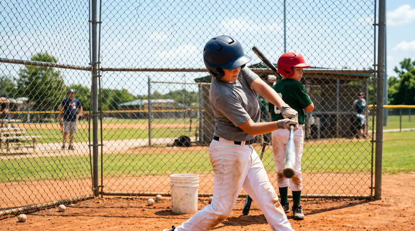 Young baseball players wearing helmets practising swing inside chain-link batting cage youth editorial
